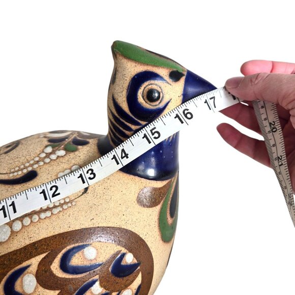 Vtg Large Tonala Mexican Hand Painted Folk Art Quail Bird Pottery 17.5" Signed - Picture 11 of 14